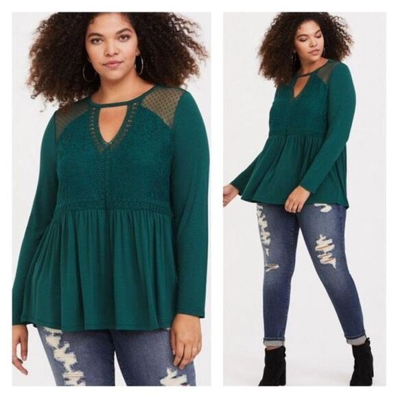 Torrid Green Lace Cutout Babydoll Blouse Size 0 Large Flowy Cut Out Neck - Picture 1 of 9